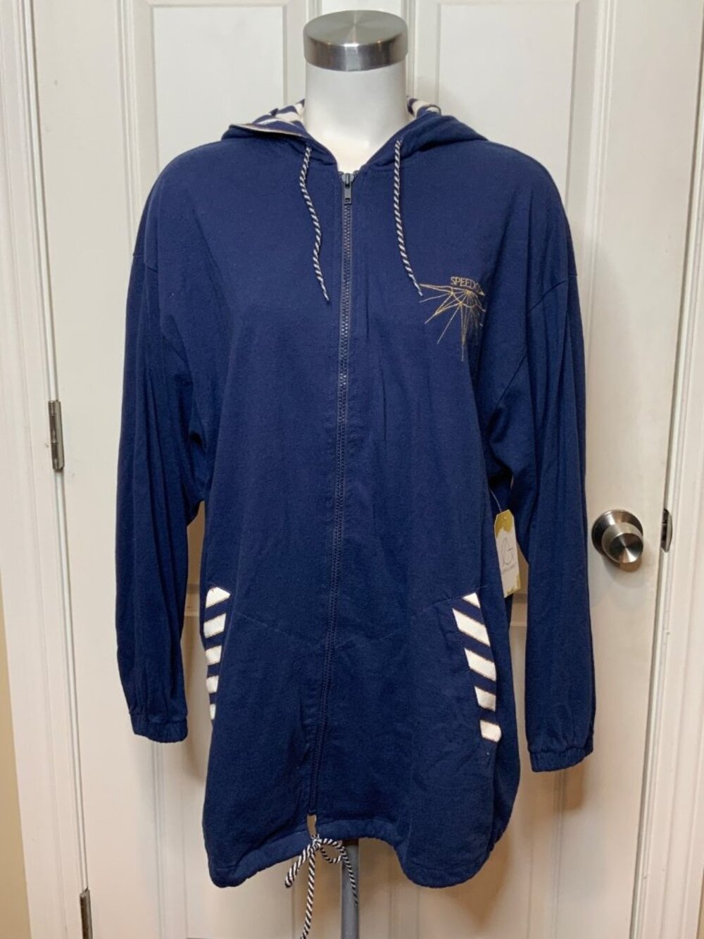 Speedo Navy Blue Striped Trim Zip-Up Hoodie Sweatshirt, Size L